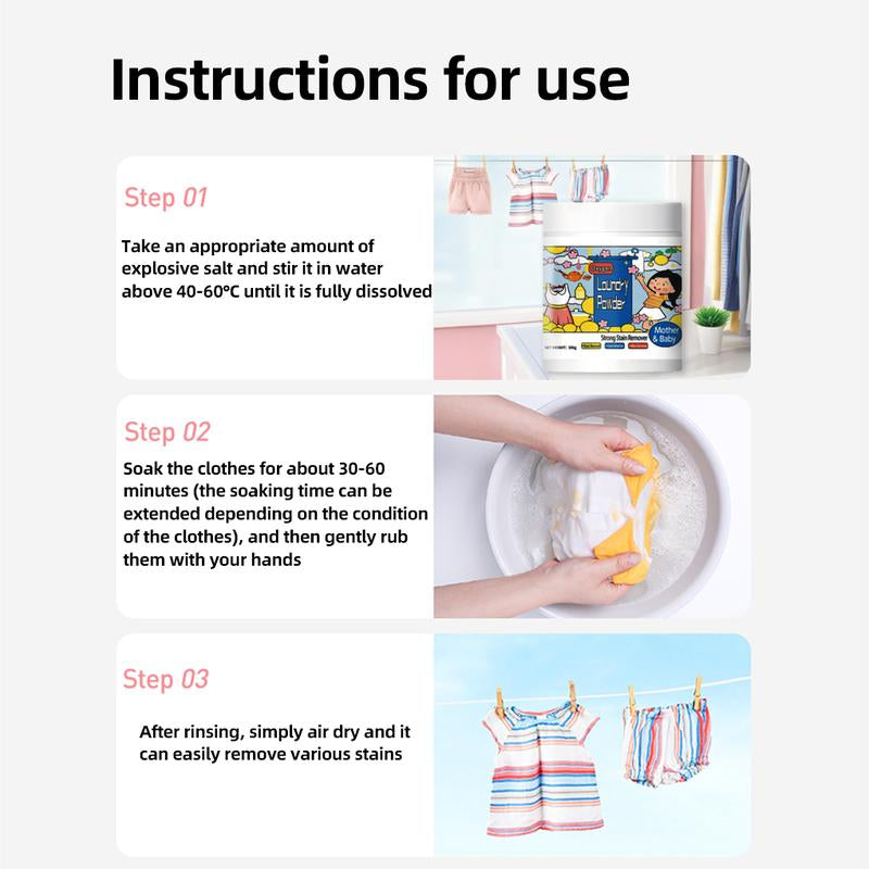 Hyper Concentrated Strong Stain Remover Powder for Clothes 500G Chlorine-Free Formula Safe on Everyday Fabrics Removes Milk Sweat Oil Fruit Stains