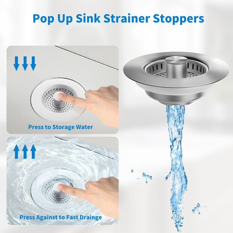 Kitchen Sink Drain Strainer 3 in 1 304 Stainless Steel Pop-Upsink Stopper with Filter Basket, Anti-Clogging Function,Tool-Free Installation